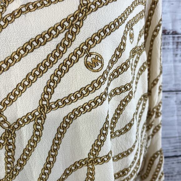 Michael Kors Blouse Tunic sz Small Tan Gold Chains Stretch Modest Career Wedding - Picture 5 of 9